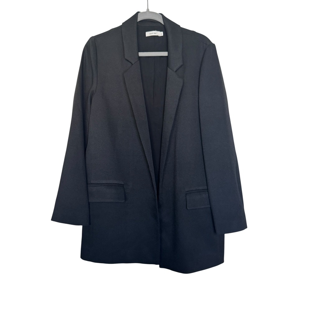 MOD REF Womens Black Open Front Blazer Jacket Size M Longline Notched Lapel